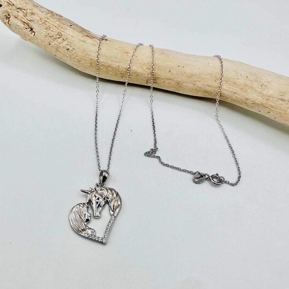Horse With Girl & Heart CZ Sterling Silver Necklace